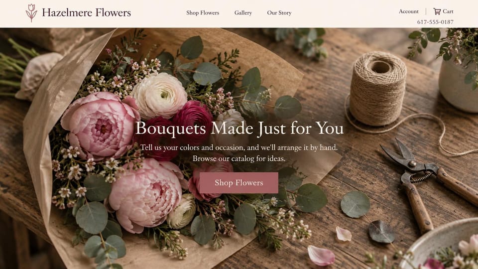 Florist website design, custom bouquet shop on a rustic worktable: photo of pink peonies and roses on kraft paper with twine and shears, centered white serif headline, rose shop button