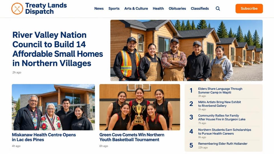 News and magazine website design, indigenous regional news with a trending list: white page, deep blue bold headlines and an orange subscribe button, a lead photo of neighbors in front of new wooden homes, two story cards and a cream trending list