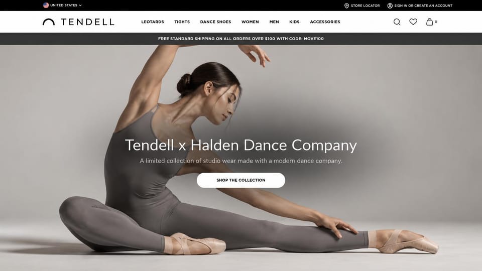 Fashion website design, dancewear with a dance company collaboration: pale gray studio, a dancer in a gray leotard and tights stretching on the floor in pointe shoes, a centered dark headline and a white pill button