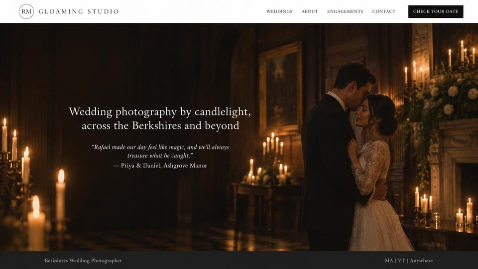 Wedding photographer website design, candlelight wedding photographer with a couple's quote: white menu with a spaced serif name, a dark candlelit hall with a couple embracing, a centered white serif headline and an italic testimonial, a charcoal footer bar