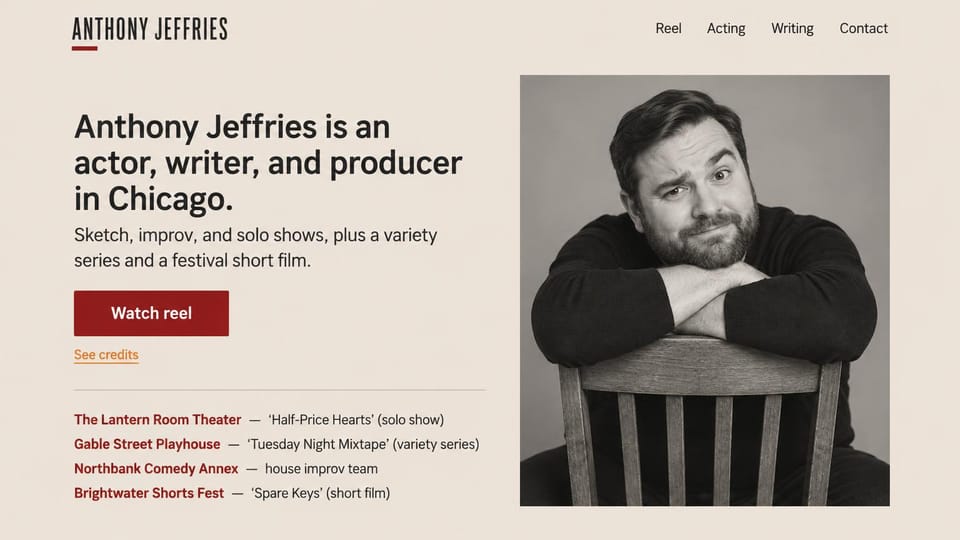 Actor website design, comedy actor and writer with credits by venue: cream page, a dark sans headline, a deep red reel button, four credits in red and black and a sepia portrait of a bearded man leaning on a chair back
