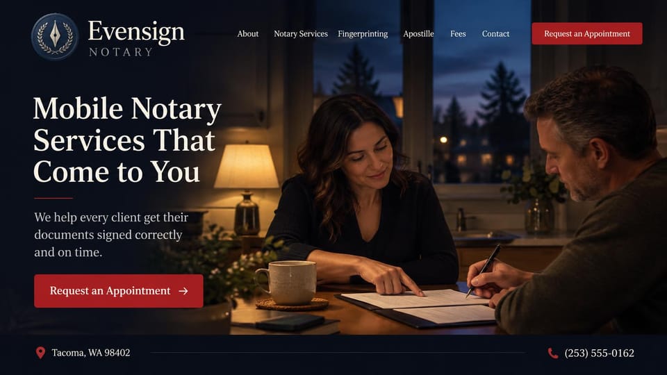 Notary website design, evening mobile notary in navy and red: dark navy page, a cream serif headline, red appointment buttons and a notary with a client signing by lamplight at night
