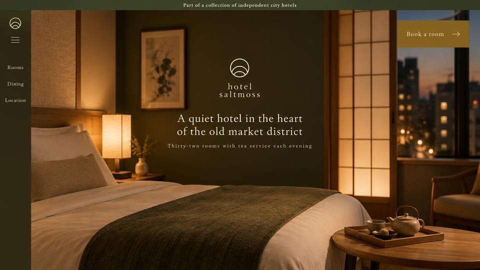 Hotel website design, city hotel with a side menu: dark olive side rail, a lamp-lit bedroom with paper screens and a centered white logo and serif line