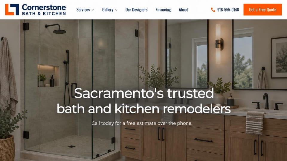 Contractor website design, bath and kitchen remodeling, quiet and simple: a finished bathroom with a glass shower behind a centered white sans headline and an orange quote button