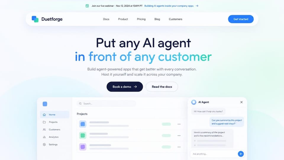 AI startup website design, in-app AI agents with a chat panel beside the dashboard: pale white page with soft mint and blue glows, a large navy headline with a blue-to-teal gradient line, a navy demo button and an outlined docs button, and a clean app screen with project rows and a chat panel