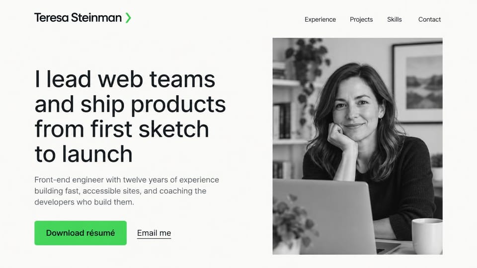 Resume website design, front-end lead with a black and white portrait: warm white page, a large black headline, a green resume button and a black and white portrait of a woman at a laptop