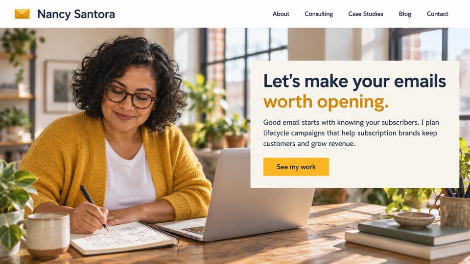 Marketing portfolio website design, lifecycle email with a full-width desk photo: full-width photo of a smiling woman writing at a sunny desk, with a cream text card and a yellow button