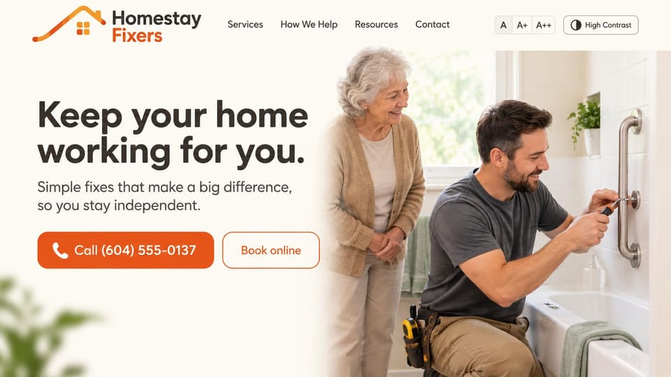 Handyman website design, home safety repairs with text size controls: cream page, an orange house logo, a large charcoal headline, an orange call button and a handyman fitting a grab bar while an older woman watches
