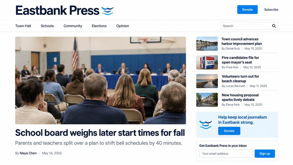 News and magazine website design, town news with donate and newsletter boxes: white page, navy wordmark with a blue wave, a blue donate button, a school board meeting in a gym, a column of dated stories with thumbnails, pale blue donate and newsletter boxes