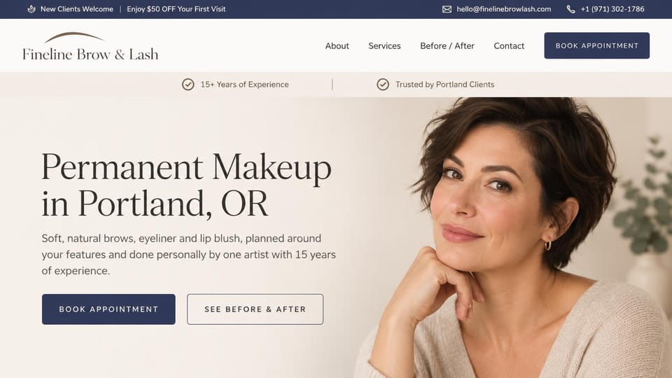 Salon website design, permanent makeup with before and after: ivory and navy, a woman with soft natural brows beside a serif headline and two buttons