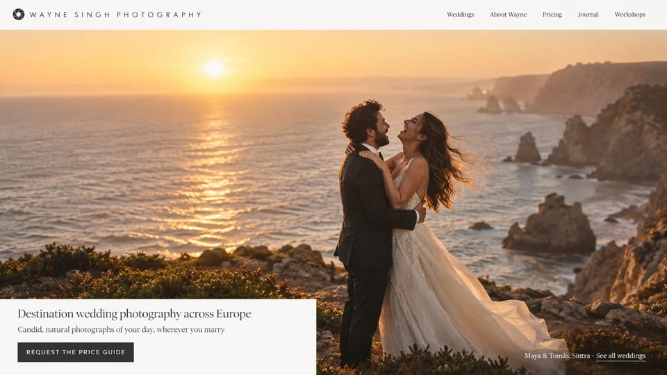 Wedding photographer website design, destination wedding photographer with a price guide: sunset sea cliffs with a laughing couple embracing, a white panel in the lower left with a serif headline and a dark button, a small caption
