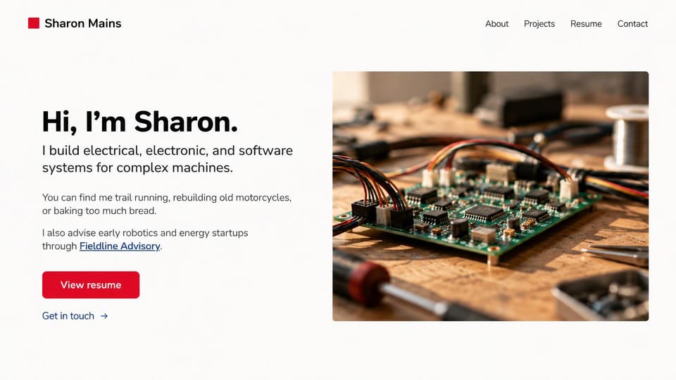 Engineering portfolio website design, electrical engineer with a personal side: white page, a bold black hello, a red resume button and a close-up of a wired circuit board on a workbench