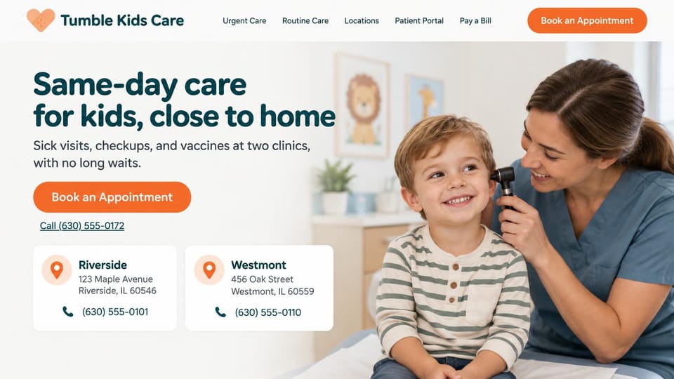 Medical practice website design, pediatric urgent care with two clinic cards: white page, a dark teal headline and orange buttons beside a nurse checking a smiling boy's ear, two white clinic cards with orange pins