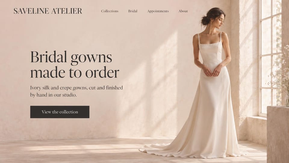 Fashion website design, bridal gowns by a window in a blush room: blush room, a bride in an ivory column gown with a train by a window, a serif headline and a charcoal button