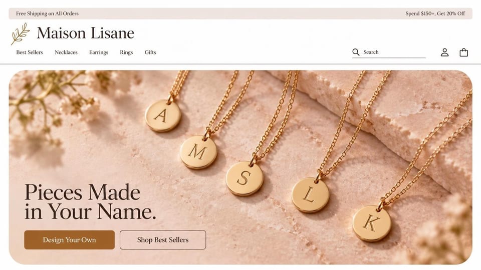 Jewelry website design, personalized initial necklaces on pink stone: white page, dark serif wordmark with a gold sprig, rounded banner of gold initial disc necklaces on pink stone, dark serif headline, brown design button and outlined shop button