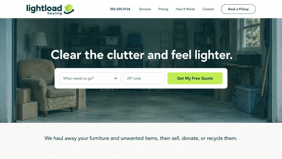 Junk removal website design, garage cleanout with a quote bar: white header, a cluttered garage under a teal tint, a centered white headline and a white quote bar with a lime button