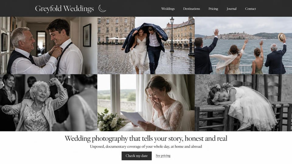 Wedding photographer website design, documentary wedding photographer with a six-photo grid: charcoal header, a grid of six candid photos including a father fixing a tie, a couple under a jacket in the rain and a sleeping flower girl, a centered serif headline and a black button