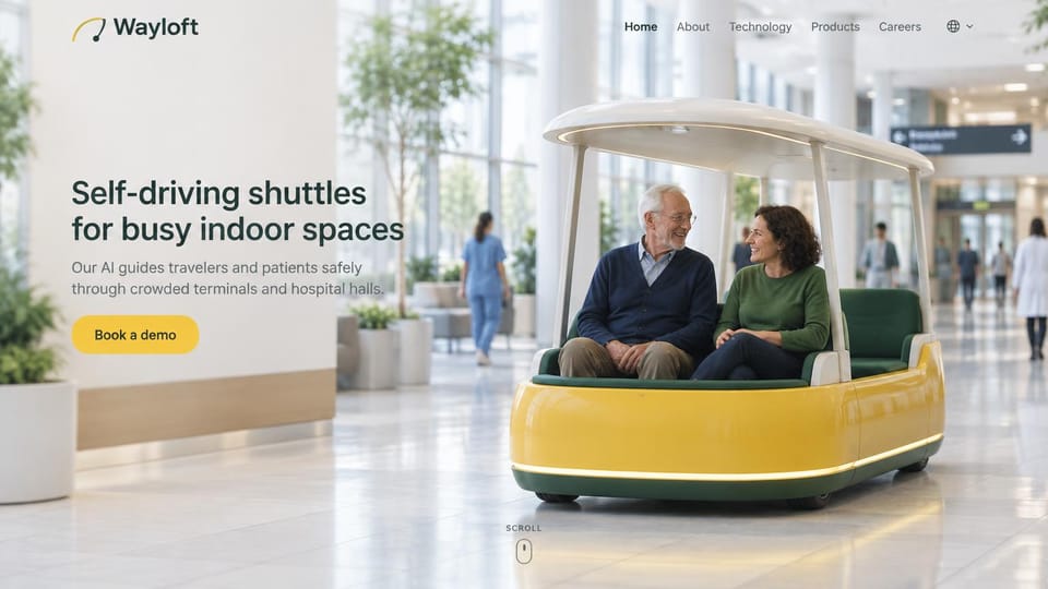 AI startup website design, self-driving shuttles in a sunlit terminal: bright terminal hall photo, an older man and a woman smiling in a yellow and green open shuttle, dark headline on the left, a yellow button