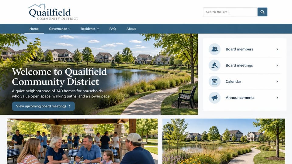 HOA website design, community district with a governance panel: white header with a search box, a steel blue menu bar, a pond and path photo beside a white panel of four icon links