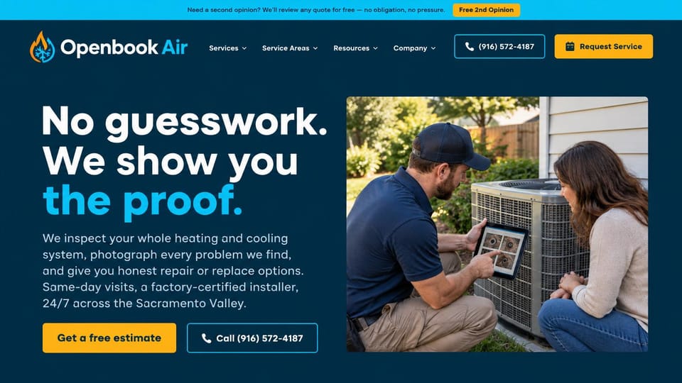 HVAC website design, repair or replace, with photo proof: cyan offer bar, dark navy page, a large white and cyan headline, yellow buttons, a technician showing a homeowner photos on a tablet beside an outdoor unit