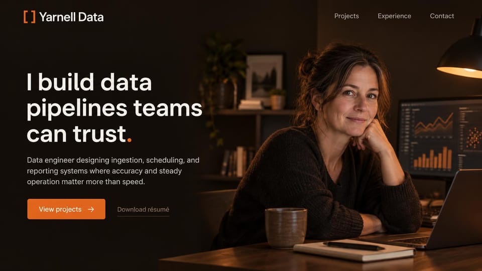 Resume website design, data engineer with a warm lamplit photo: dark brown full-width photo of a smiling woman at a lamplit desk with charts on a screen, a white headline with an orange dot and an orange projects button