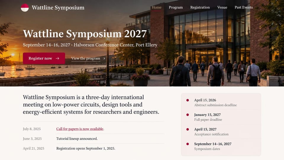 Event website design, academic symposium with key deadlines: sunset photo of attendees walking into a glass conference center by a harbor, white serif headline, crimson register button, deadline card