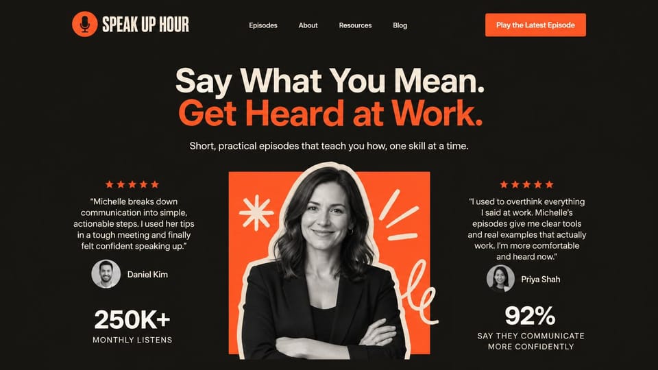 Podcast website design, skills show with listener reviews: charcoal, a cream and orange headline, a black and white host on an orange panel and review quotes