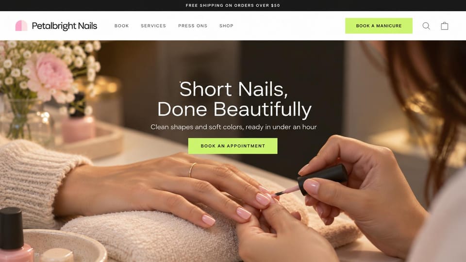 Salon website design, nail salon for short, clean manicures: white header, a manicure in progress beside pink flowers, white centered headline and a lime green button