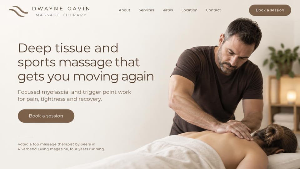 Massage therapist website design, deep tissue and sports massage from one therapist: white and cream page, a large gray headline beside a therapist in a brown T-shirt working on a client's back, a brown pill button