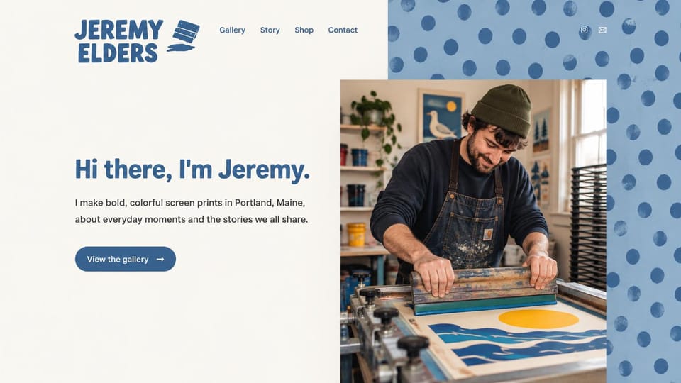 Artist website design, screen printing with the artist at work: cream and blue, a bold blue hello headline beside a photo of an artist pulling a screen print, blue dotted background