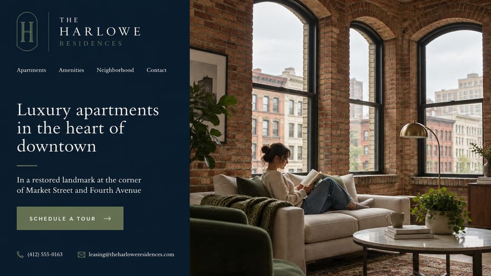 Apartment website design, luxury lofts in a restored landmark: navy left panel with a monogram, a white serif headline and sage tour button, a brick loft with tall arched windows and a woman reading on a sofa