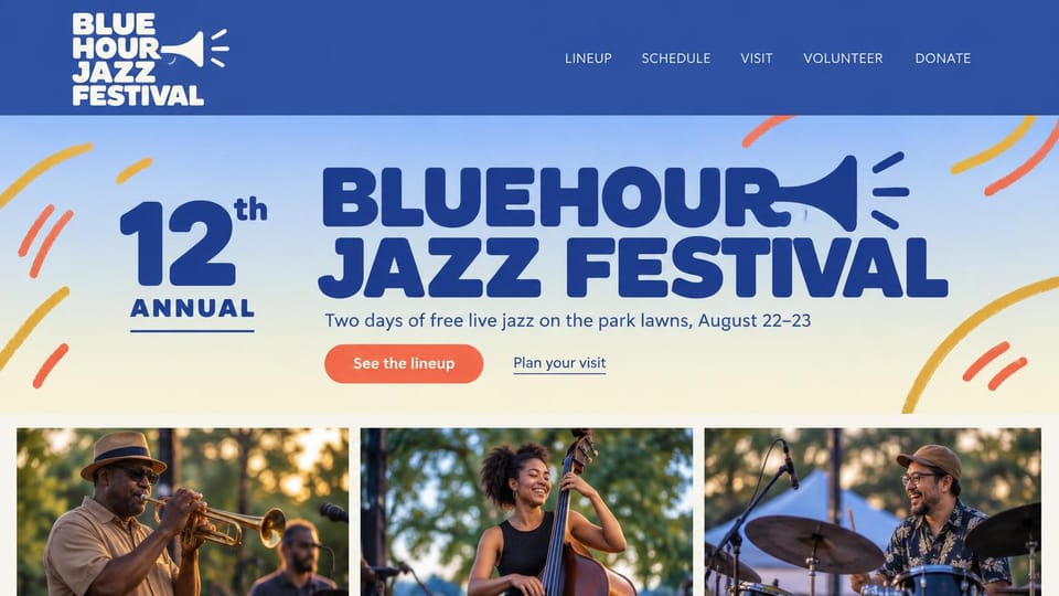 Event website design, free music festival with a lineup photo strip: cream page, huge blue display headline with orange brush strokes, three photos of jazz musicians below