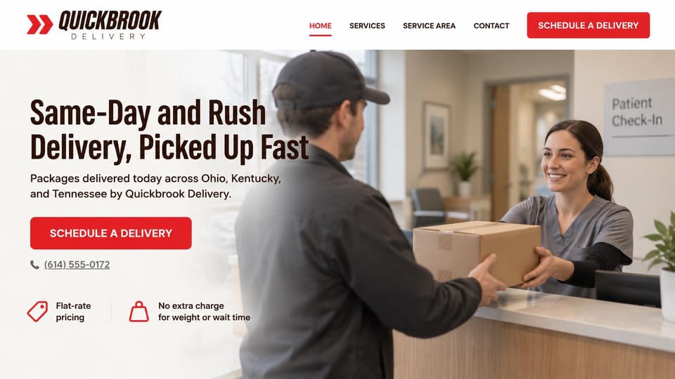 Logistics website design, rush delivery with flat-rate pricing: white page, dark condensed headline, a courier handing a box across a clinic reception desk to a smiling receptionist, red schedule button, two icon points