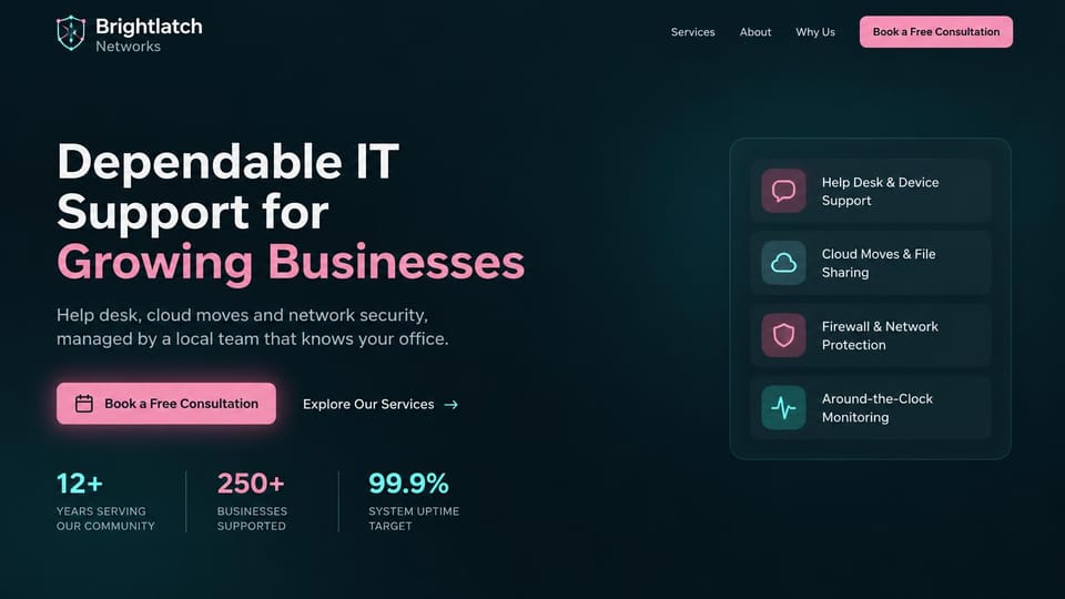 IT company website design, local IT support with a service list card: dark teal page, white and pink headline, pink consultation button, a card listing four services with icons, three light blue figures