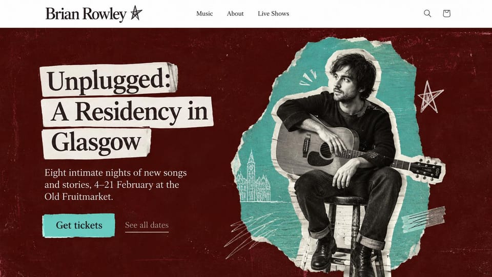 Musician website design, concert residency in a paper collage: burgundy background, a torn-paper collage of a guitarist, cream headline labels and a teal ticket button