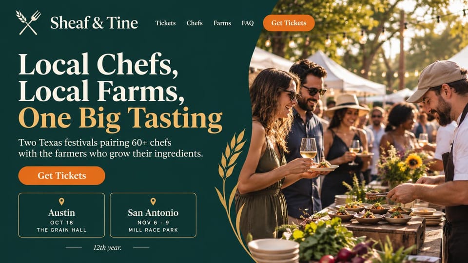 Event website design, chef and farm tasting in two cities: dark green curved panel with a cream and gold serif headline, orange ticket button, two outlined city cards, gold wheat sprig, sunlit photo of a chef serving small plates to guests