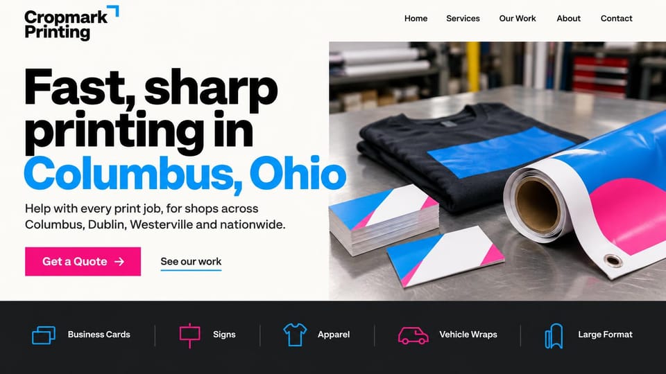 Printing website design, small business print shop in bold blue and pink: warm off-white page, an oversized black and blue headline, a hot pink quote button, a folded tee, business cards and a banner roll on a steel counter, a dark service bar with icons