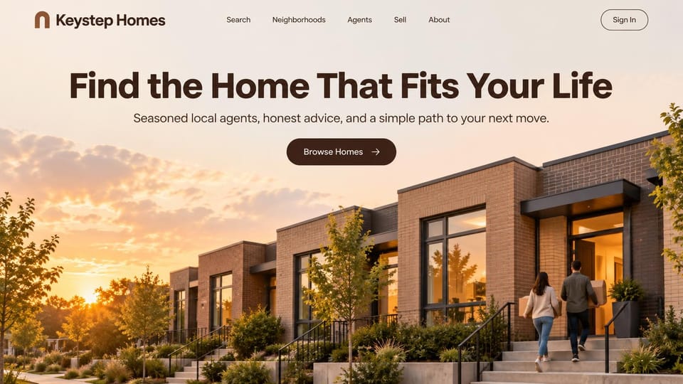 Real estate website design, neighborhood agency with a bold headline: cream top with a bold black sans headline over brick townhomes at sunset and a couple on the steps