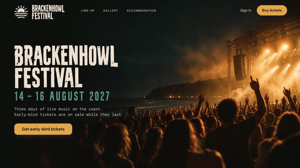 Event website design, coastal music festival with early-bird tickets: dark photo of a night crowd by a lit stage on the coast, distressed cream condensed headline, gold early-bird ticket button