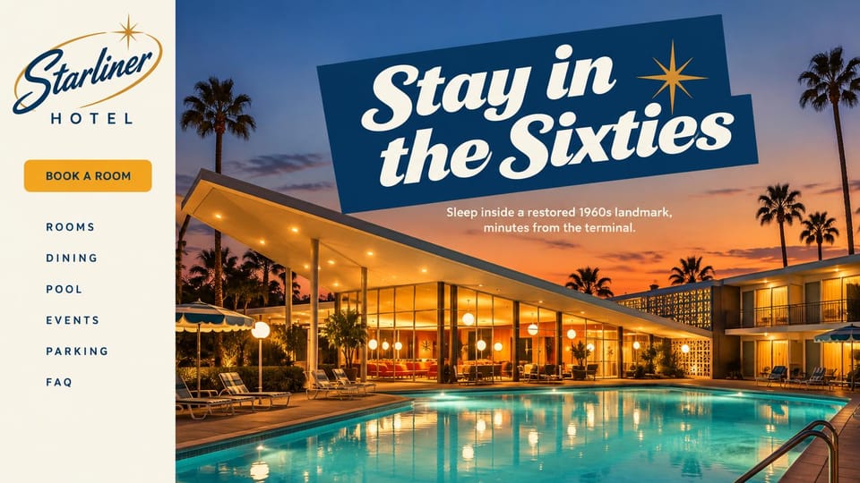 Hotel website design, retro hotel with a bold script banner: cream side menu in navy and orange, a sunset photo of a mid-century hotel pool and a tilted navy banner