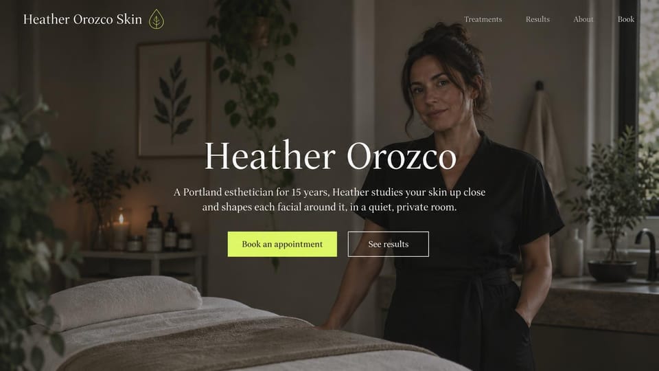 Salon website design, esthetician with her name as the headline: dark treatment room with an esthetician standing by the bed, white serif name and a lime button