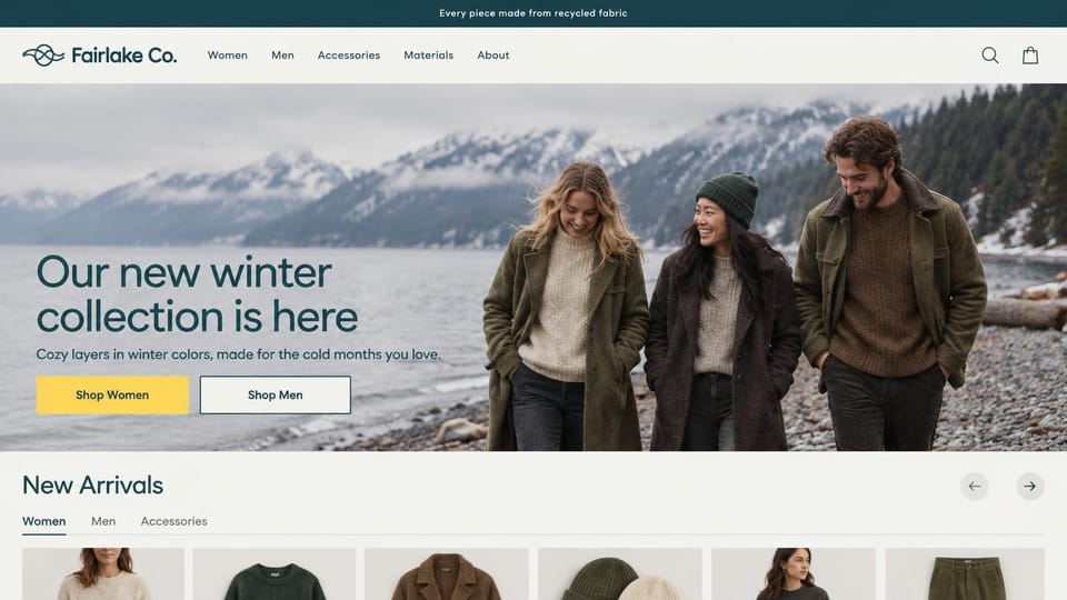 Fashion website design, recycled-fabric winter wear with a new arrivals carousel: teal top bar, three friends in knitwear and jackets on a snowy lakeshore, a dark headline, a yellow and a white button and a new arrivals carousel below