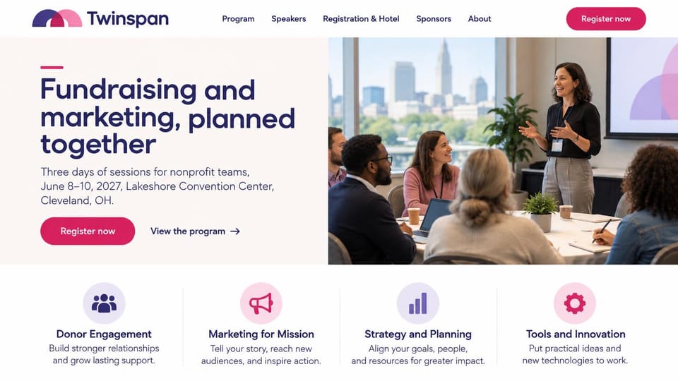 Event website design, nonprofit fundraising conference with track cards: cream panel with a navy headline and crimson register button beside a woman leading a workshop by a city window, four round topic icons below