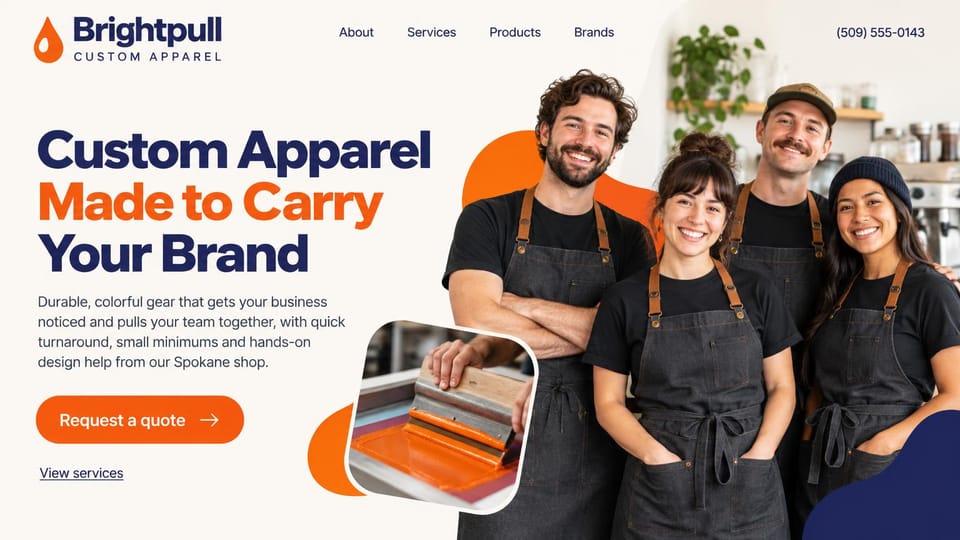 Printing website design, business uniforms with a crew in matching aprons: warm off-white page, a heavy indigo and orange headline, an orange quote button, four café workers in black tees and denim aprons on orange shapes, an inset of a squeegee pulling orange ink