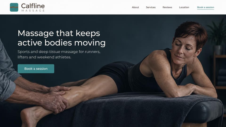 Massage therapist website design, sports massage for weekend athletes in dark slate: dark slate photo of a therapist working on a woman's calf, a white sans headline and a teal button