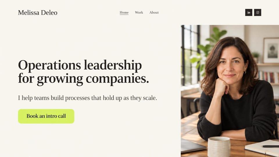 Consulting website design, operations consultant with a warm portrait: warm off-white page, large black serif headline, lime intro call button, a portrait of a consultant at a cafe table