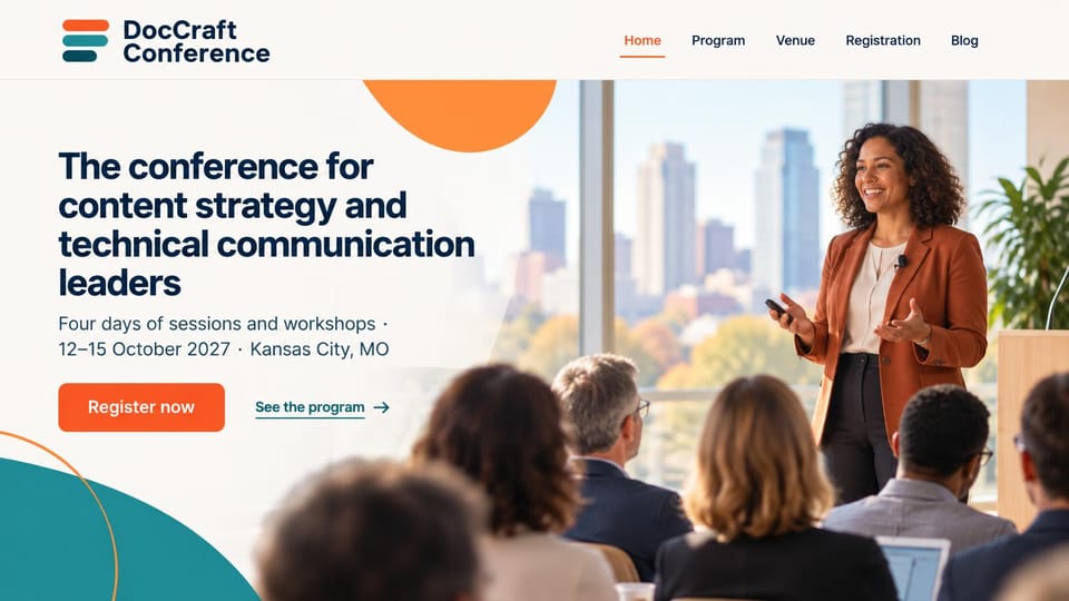 Event website design, professional conference in warm orange and teal: cream page, navy headline, orange register button, a smiling speaker in a rust blazer before an audience, orange and teal shapes