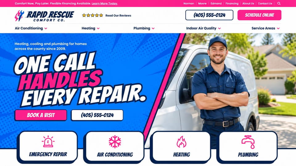 Contractor website design, heating and plumbing in loud comic colors: bright blue and hot pink, a slanted italic headline, a technician by a van and four service tiles