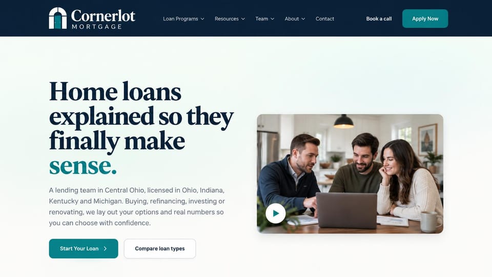 Mortgage website design, lending team that explains every option: navy header over a pale mint page, a bold serif headline with one word in teal, a video still of a couple with their loan officer
