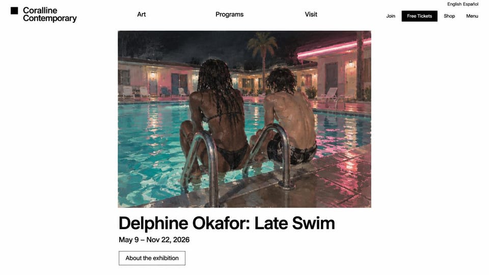 Art gallery website design, contemporary art center in two languages: white page, a black wordmark, a framed night painting of two people by a lit motel pool, a bold black show title and an outlined button